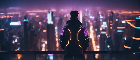 A man in a futuristic jacket stands on top of a skyscraper on a blurred cyberpunk city panorama background with bright neon lights.