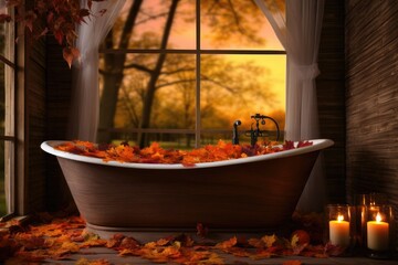 Autumn wellbeing, protect mental health concept. How to Cope With Fall Anxiety. Relaxing bath filled with autumn-themed bath salts, candles, and dried leaves