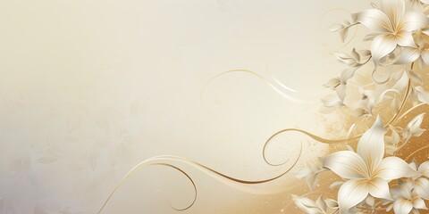 Beige background with gold swirl and white flower, bordercopy space