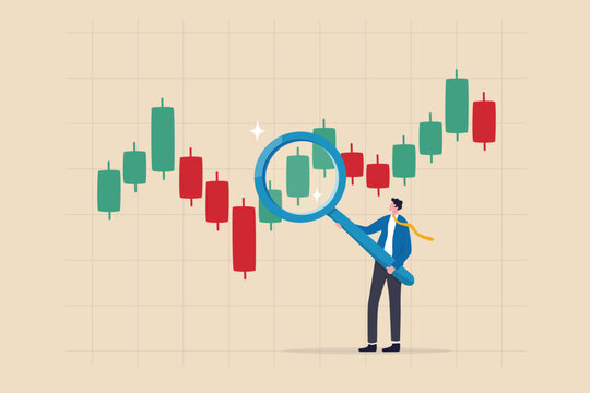 Technical analysis trader to analyze stock market or crypto currency data movement, trend analysis to take profit, buy and sell indicator chart concept, businessman trader magnify candlestick chart.