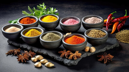 Obraz na płótnie Canvas Set of Spices and herbs for cooking. Small bowls with colorful seasonings and spices, basil, pepper, saffron, salt, paprika, turmeric on rustic wooden plank table background. Generative Ai
