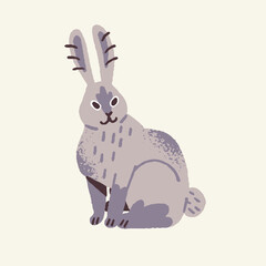 Cute woodland animal, rabbit. Fluffy bunny, wild hare sit with long ears, furry coney and jackrabbit smile. Wood beast in kid and childish style. Flat isolated vector illustration on white background