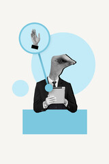 Vertical collage picture of black white colors elegant man talking arm instead head use tablet...