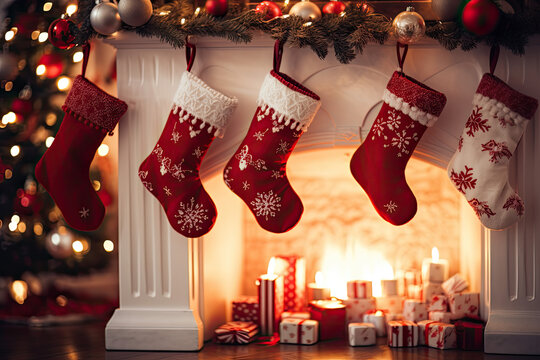 White and red stockings hanging by the fireplace. 