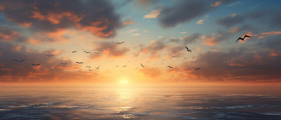 Fototapeta na wymiar Inspiring flight of birds in the calm morning sky