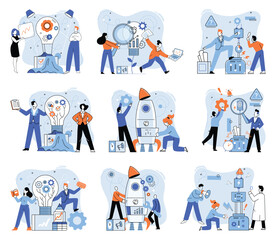 Team solving problems Problem solving Union and teamwork Collaborating for find idea to solve a problem. Strategy for business Match business vision Cartoon partners working in connection Project