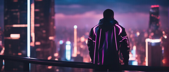 Fototapeta na wymiar A man in a futuristic jacket stands on top of a skyscraper on a blurred cyberpunk city panorama background with bright neon lights.