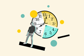 Composite collage picture of impressed mini guy staring big wall watch clock diagram isolated on...