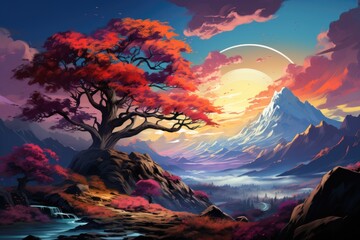 A digital painting of a mountain with a colorful