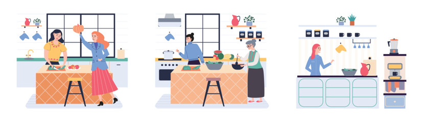 People cooking vegetarian food. Vector illustration. Cooking dietary dishes. Vegan and natural, green diet eating lifestyle tiny person. Salad in vegetable bowl. Fresh and healthy food nutrition