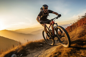 Young man riding bicycle on mountain trail sport - obrazy, fototapety, plakaty