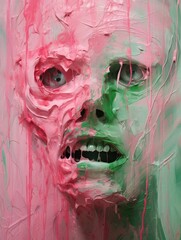 Abstract pink oil paint texture and zombie on green canvas