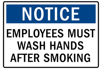 Hand wash sign and labels employees must wash hands after smoking