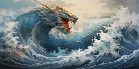 Art with dragons in the sea with waves - obrazy, fototapety, plakaty