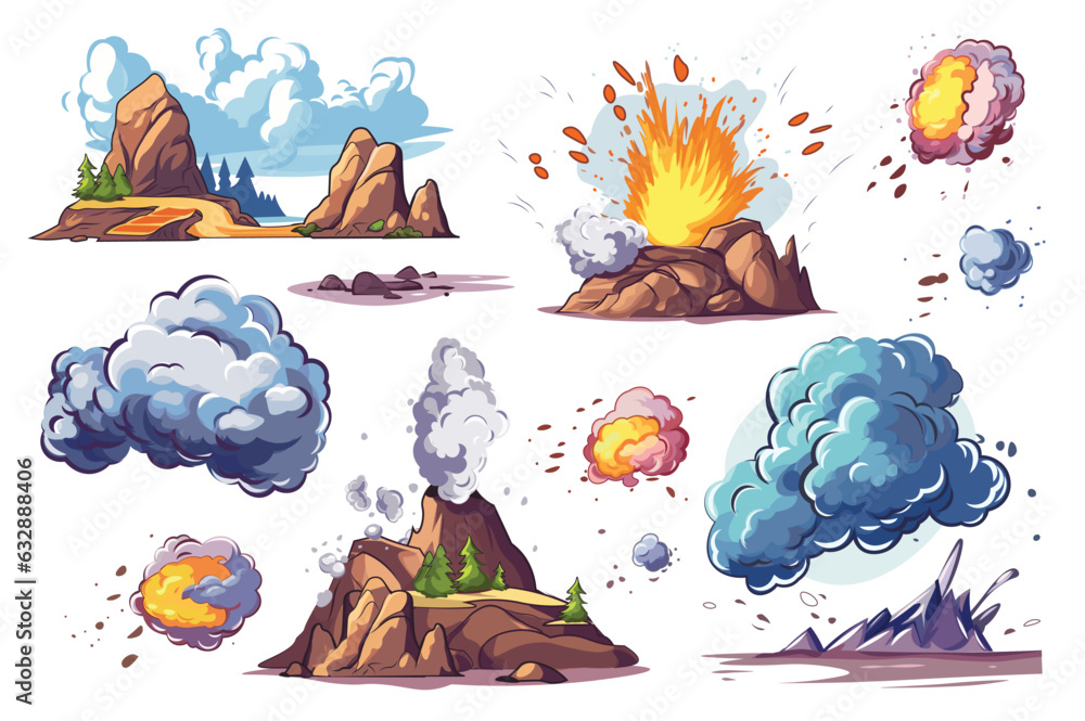Poster explosive set in the cartoon style. a dynamic illustration of explosive with captivating designs of 
