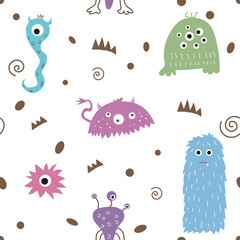 Seamless pattern. Funny and colorful monsters. Vector