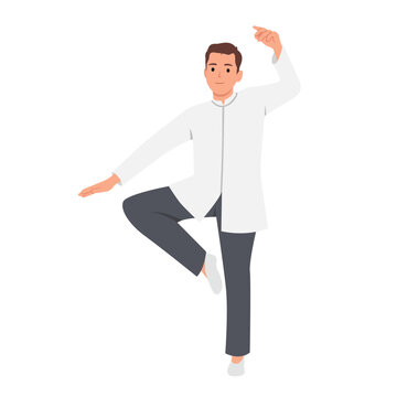 Master tai chi performs warm-up before the performance. Flat vector illustration isolated on white background