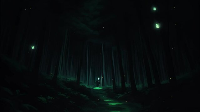 Anime background of Dark forest path, full of fireflies looping animation