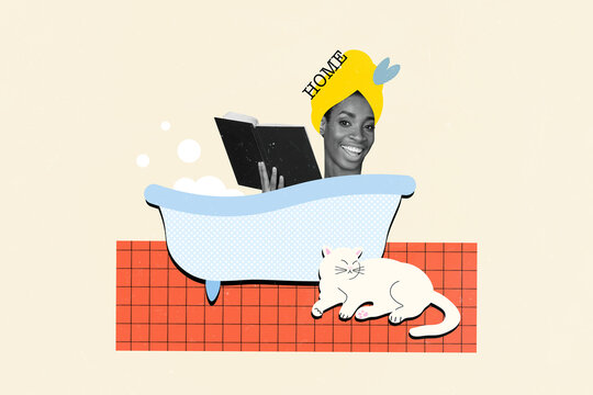 Collage portrait of cheerful black white effect person take bath read book sleeping cat isolated on painted beige background