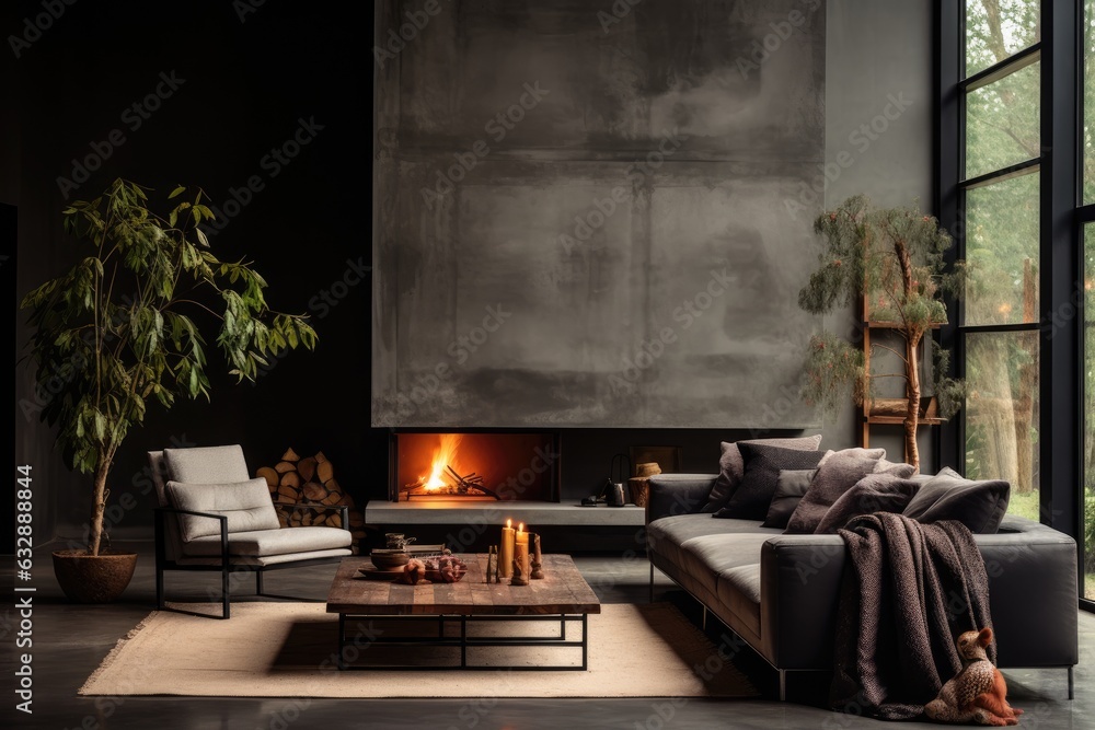 Wall mural Dark living room with concrete walls ai generated