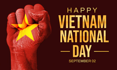 Happy Vietnam National Day wallpaper with red painted fist and golden greetings typography on the side. September 02 is the national day of Vietnam, backdrop design.
