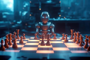 Robot ai strategy play chess game chessboard - obrazy, fototapety, plakaty