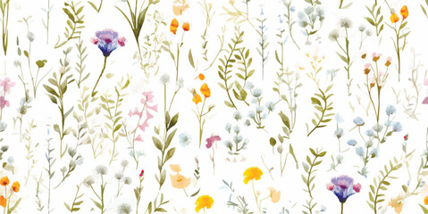 Obraz na płótnie Canvas Beautiful floral seamless pattern with hand drawn watercolor wild herbs and flowers. Modern floral pattern. Collage contemporary seamless pattern. Hand drawn pattern