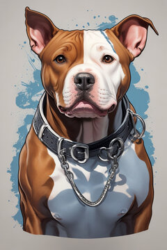 Portrait of American Staffordshire Terrier dog with leash. Digital painting.
