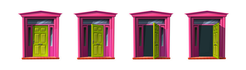 Green wooden door of old cottage house. Vector cartoon style icon illustrations. Sprite animation for 2d game. 