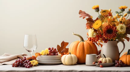 Gordijnen Festive autumn decor from pumpkins and flowers. Concept of Thanksgiving day or Halloween. Fall composition © Татьяна Креминская