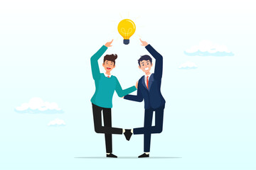 Businessman in think together posing pointing at lightbulb idea, cooperation to success together, brainstorm new idea, collaborate to get solution, team innovation or partnership (Vector)