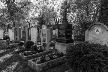 Greyscale image of a neatly tended graveyard