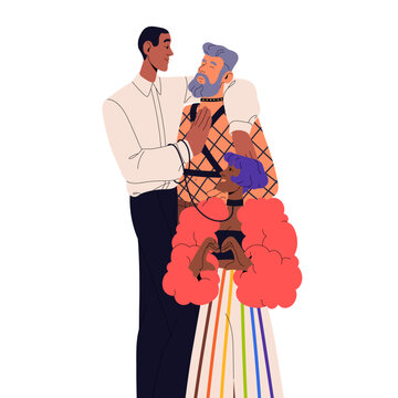 LGBT polyamory partners. Two bisexual men and woman in love, romantic relationships. Poly family, polyamorous lovers. Sexual freedom concept. Flat vector illustration isolated on white background