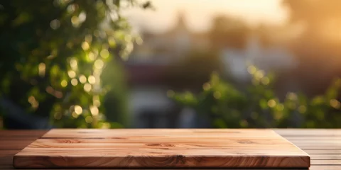 Tuinposter Wooden board in the foreground blurred ai generated © Tymofii
