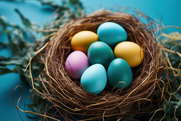 Vibrant background with colorful Easter eggs in a nest.
