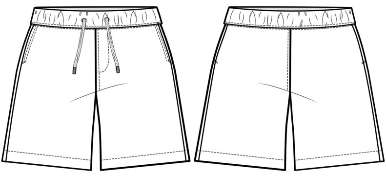 boys board shorts flat sketch vector illustration drawstring elastic waist short front and back view technical cad drawing template