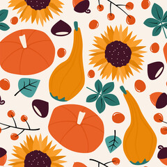 cute hand drawn seamless vector pattern background illustration with orange and yellow pumpkins, acorns, chestnuts, sunflowers, berries and leaves