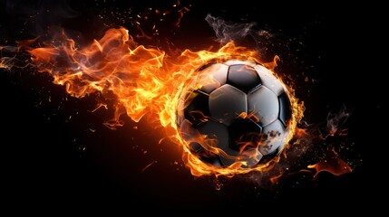 Fototapeta premium A burning soccer ball against a black background, Soccer World Cup, Soccer European Championship