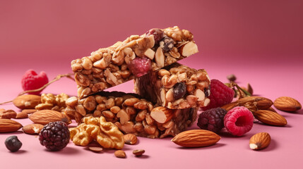 Healthy snacks (nuts, granola bars), Solid pink background, 