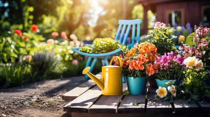 Display of gardening supplies: flowers, pots, soil, and plants, set against a sunny garden. - obrazy, fototapety, plakaty