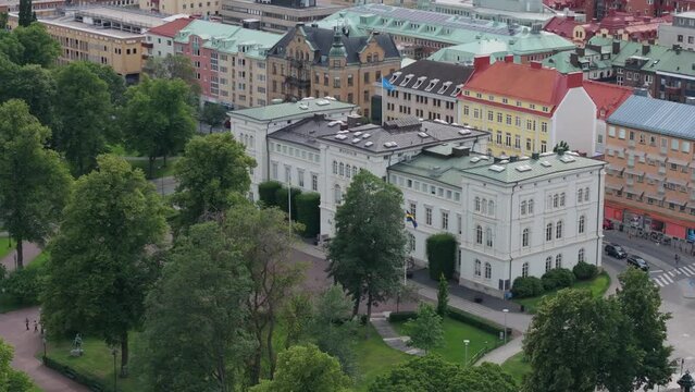 Swedish government office building in Jonkoping. City park and urban area, aerial drone