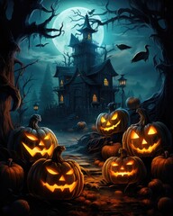 Halloween poster with scary pumpkins ai generated