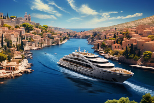 Mediterranean cruise, visiting iconic cities, historic sites, and picturesque coastal towns, capturing the essence of the Mediterranean's rich culture and stunning vistas Generative AI