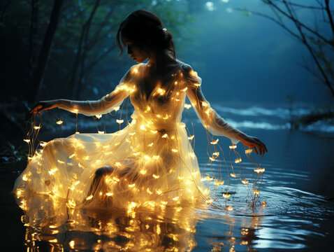 Fairy tale wonderland with woman in lights dress with water