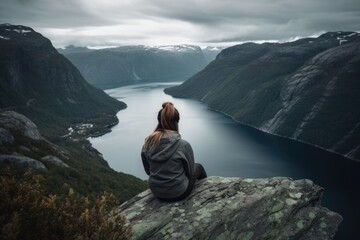 Fototapeta premium Unrecognizable woman sitting near the lake