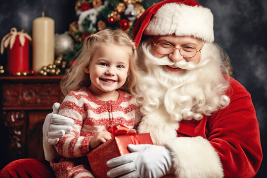 happy Santa Claus with little girl and a gift. Christmas card concept