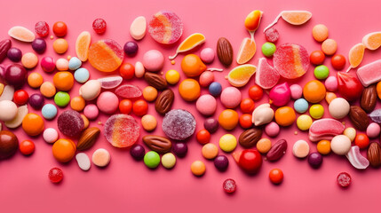 Colorful candies and sweets, Solid pink background, 