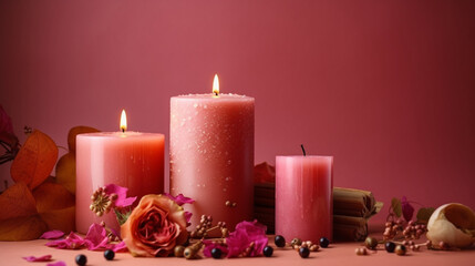 Obraz na płótnie Canvas Aromatic candles and essential oils, Solid pink background, 