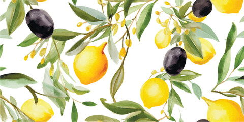 Modern Beautiful seamless pattern with hand drawn watercolor yellow lemons on branches with leaves and black olives. Collage contemporary seamless pattern