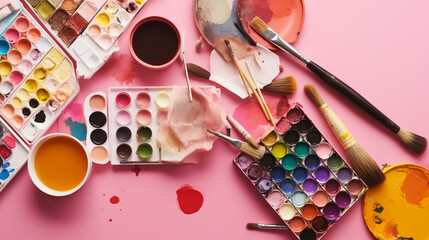 Art supplies (paint palettes, sketchbooks, brushes), Solid pink background, 